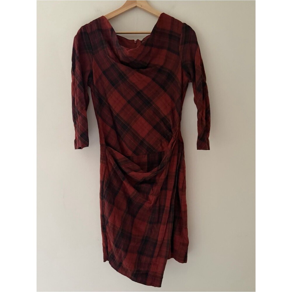 Peruvian Connection Plaid Dress Faux Wrap Cowl Rust Size 6 Highlander Country